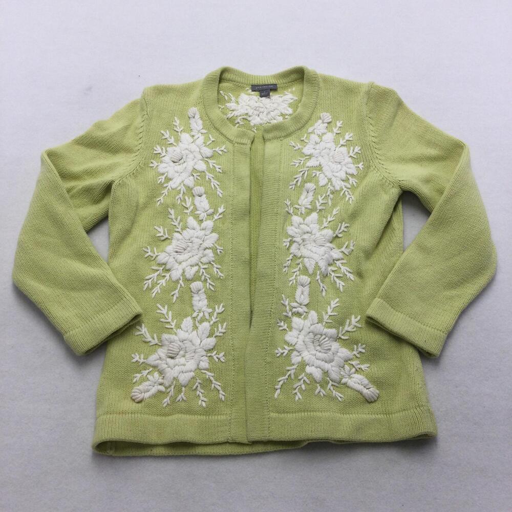 Ann Taylor Cardigan Sweater Womens Small Green Floral Embroidered Crew Neck